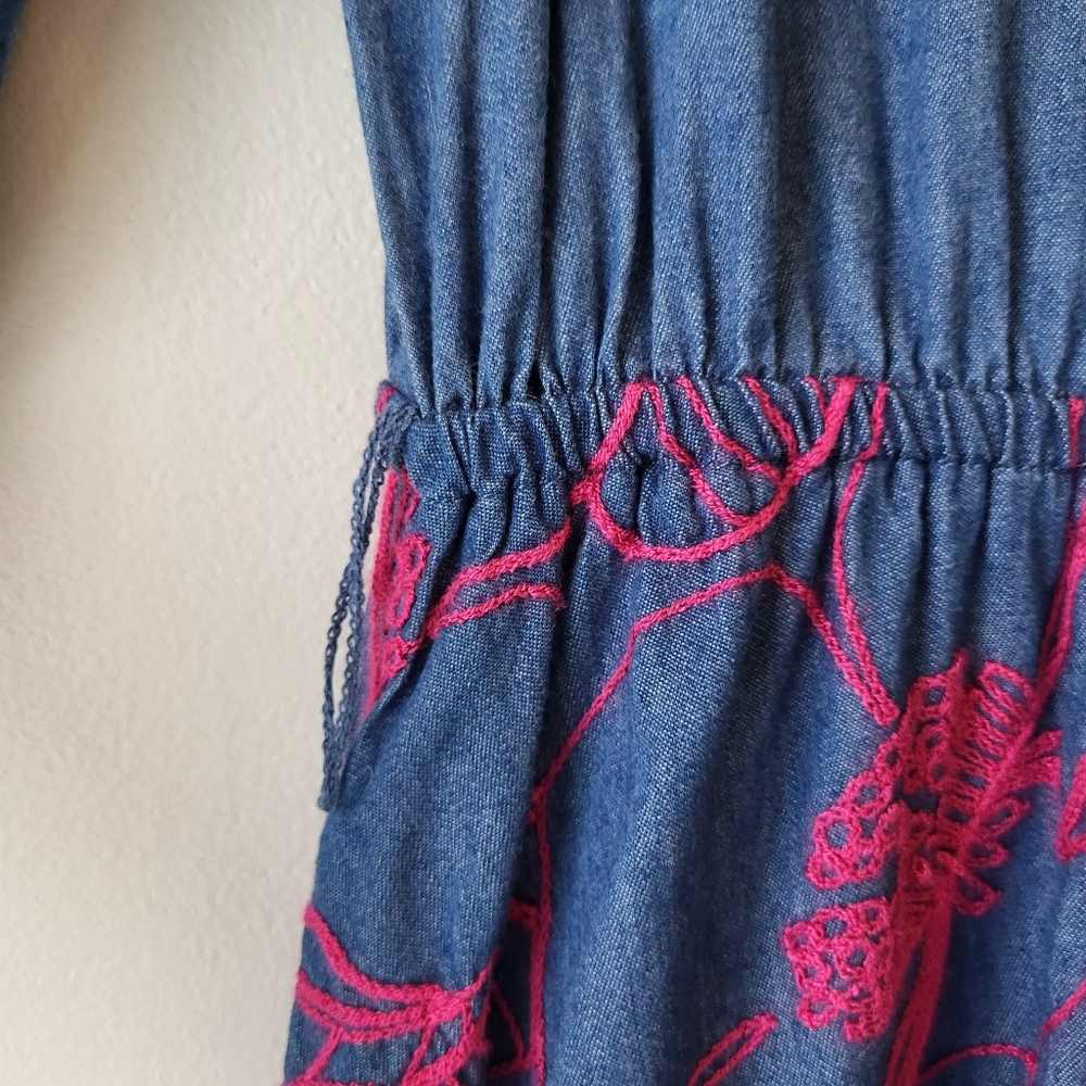 Tristan Blue Jean Flowy Pink Floral Embroidery Countryside Chic Feminine Dress - Picture 4 of 9